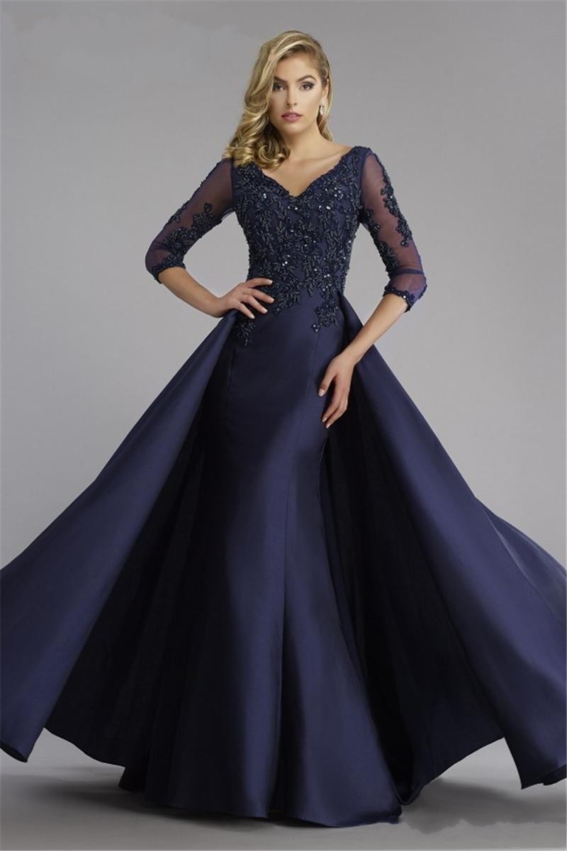 2019 Navy Blue Modern Mother Of The Bride Dresses V Neck Lace Appliques Overskirt Plus Size Wedding Guest Dress Mermaid Evening Party Gowns