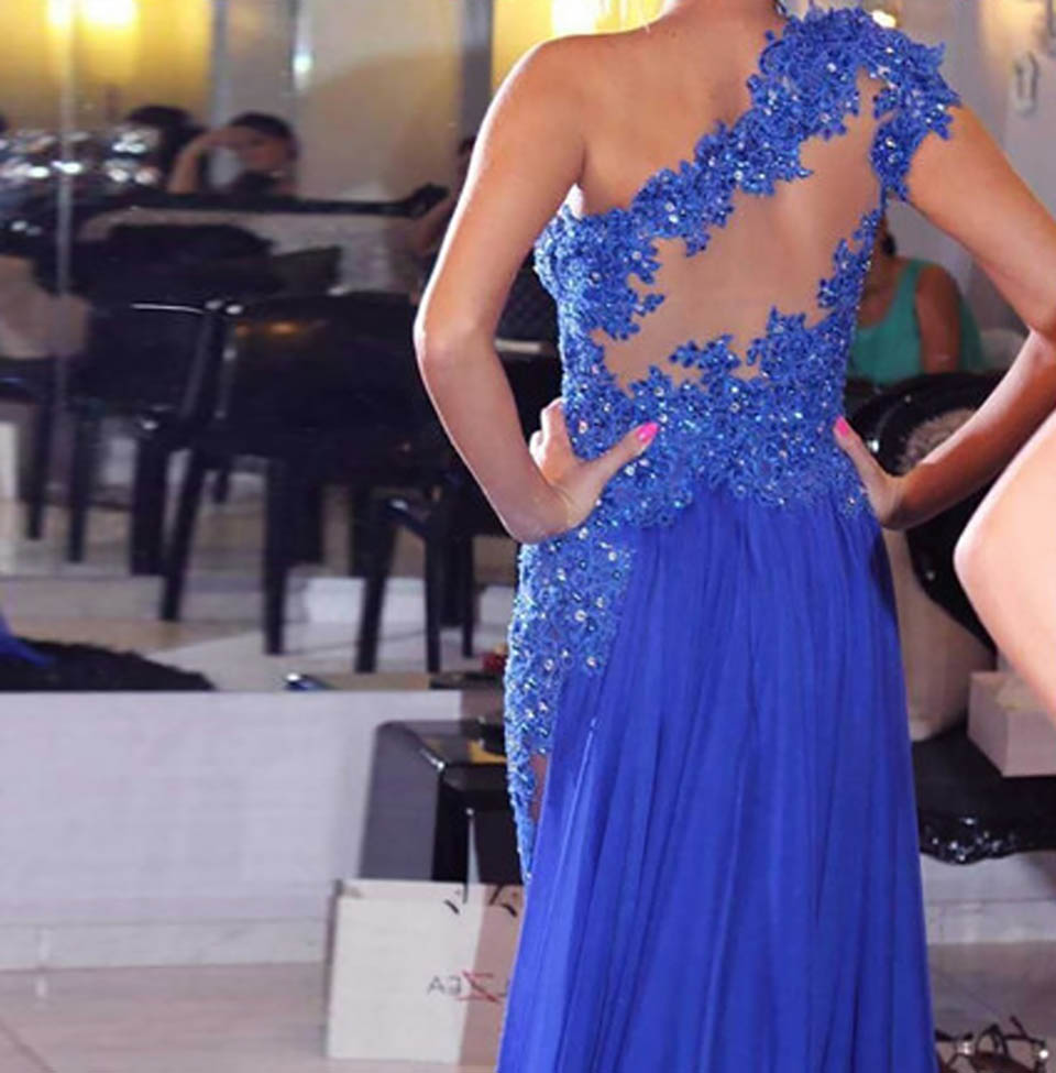 Sexy One Shoulder Appliques Lace Long Bridesmaids Gown Shinning Crystal Formal Dress for Wedding Party Robe De Soiree