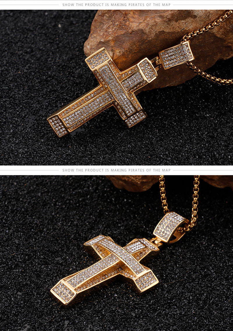 Double Layers Cross Pendants Necklace Men Hip Hop 316L Stainless Steel Full Cubic Zirconia Setting 18K Gold Plated Jewelry