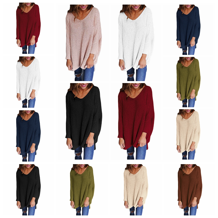 Solid color V-neck sweater loose large size sweater women white pink red gray green black support mixed batch
