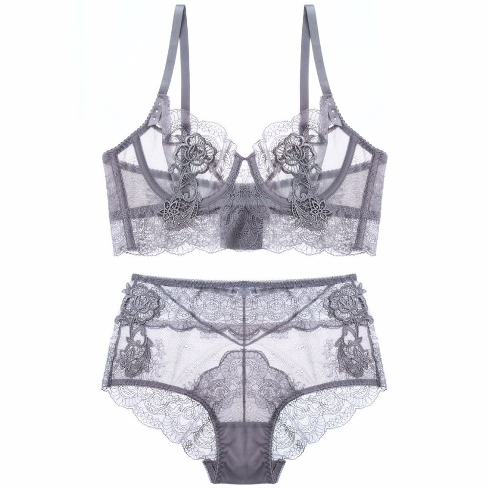 Floral Embroidery Sexy Lingerie Lace Female Intimates Ultrathin Cup Women Fashion Bra Set Transparent Bras Tall Waist PantiesQ190401