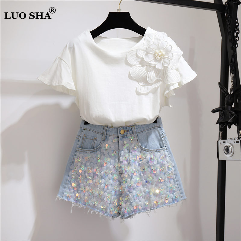 LUOSHA Women 2019 Summer 3D Flower Pear Beading Ruffles Sleeve Loose Cotton Tshirt And Tops Female Casual White Tshirts T200110