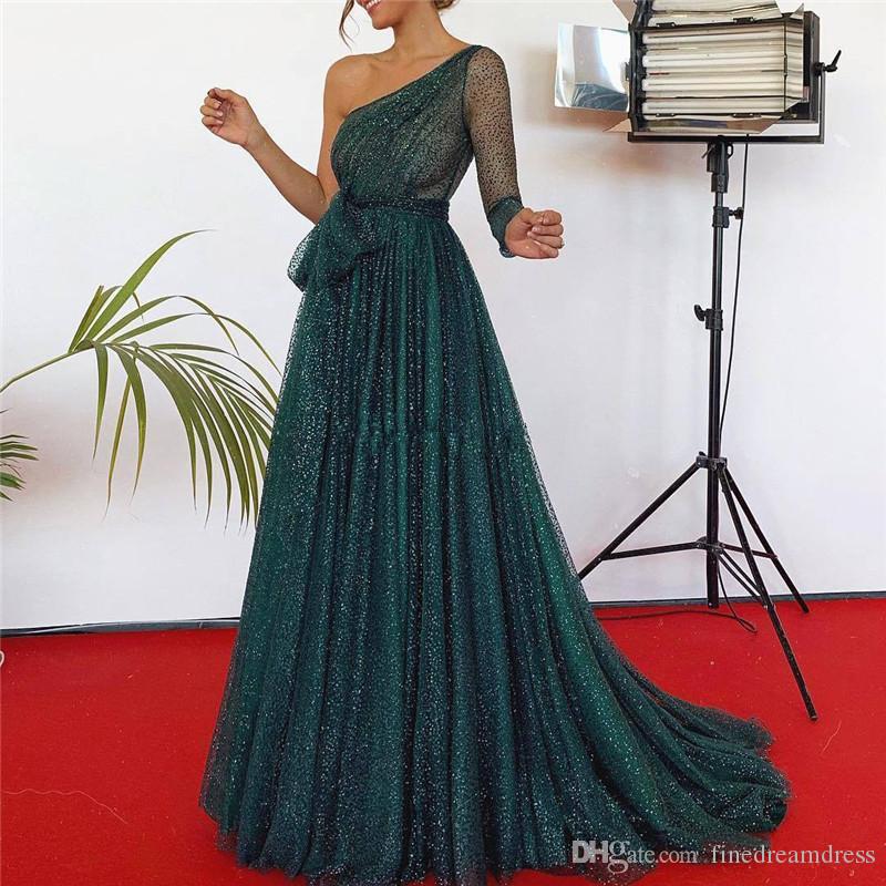 Shiny Arabic Dubai Long Sleeves Dresses One Shoulder Backless Floor Length Sexy Prom Party Red Carpet Celebrity Gowns Vestido De Festa