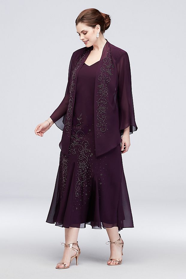 Grape Mermaid Plus Size Beaded Mother Of The Bride Dresses With Long Sleeves Jackets Wedding Guest Dress Tea Length Chiffon Evening Gowns