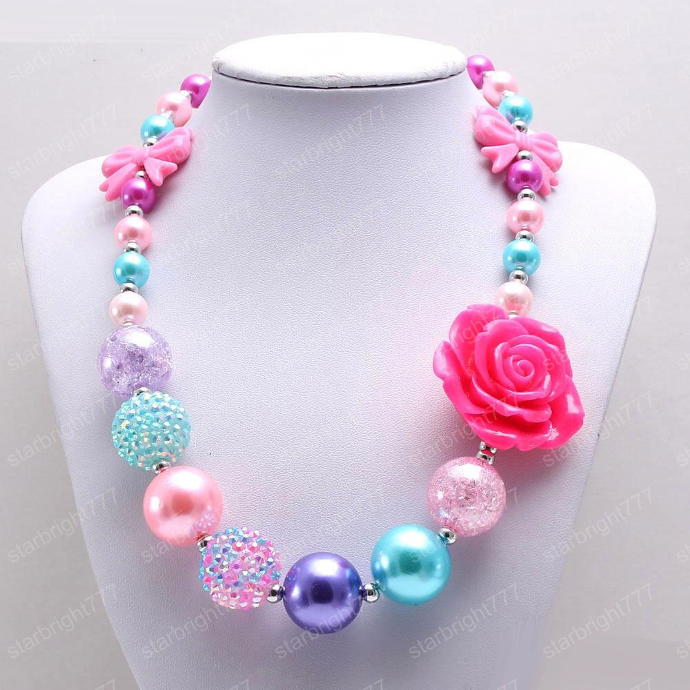 Pretty Bow Flower Kid Chunky Necklace Newest Arrivel Fashion Bubblegume Bead Chunky Necklace Jewelry For Baby Kid Girl