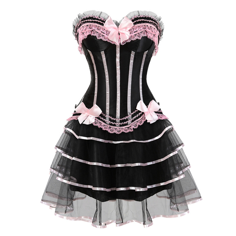 Big Plus Size 6XL Ruffle Lace Bow Burlesque Satin Corset Top with Tier Tulle Tutu Skirt Dance Corset Halloween Costume Dress Outfit Clubwear
