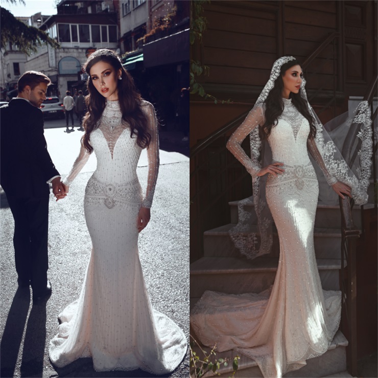 2020 Sparkly Mermaid Wedding Dresses Long Sleeve High Neck Lace Beading Beach Wedding Dress Crystal Luxury Bridal Robes De Mariée