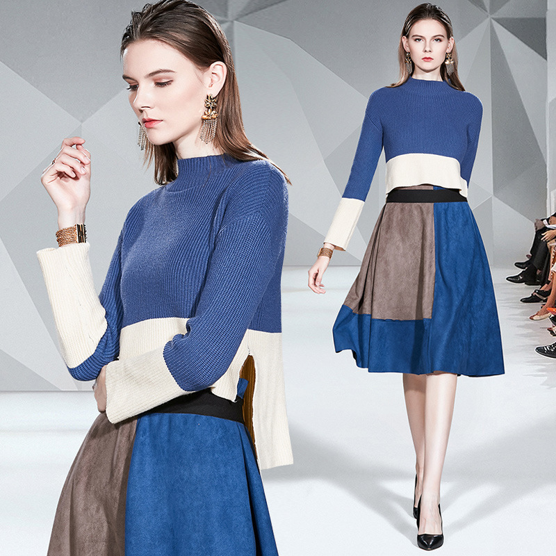 Two piece set top and skirts women 2020 spring new fashion female clothing blue Color matching O-Neck Sweater Knee-Length skirt
Two piece set top and skirts women 2020 spring new fashion female clothing blue Color matching O-Neck Sweater Knee-Length skirt