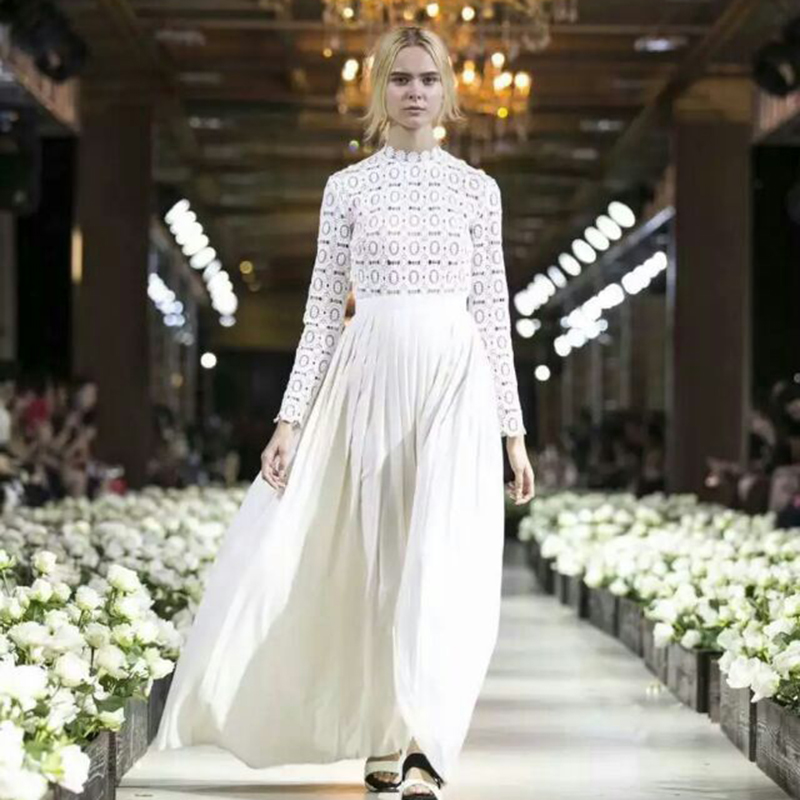 New design womens crochet hollow out lace floral long sleeve high waist patchwork pleated chiffon vent jag long dress