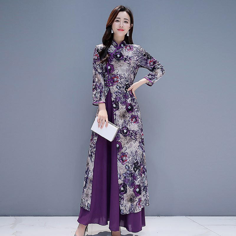 New long ao dai vietnam Style dress for women traditional ethnic clothing purple gown oriental dress Chinese improved cheongsam Qipao