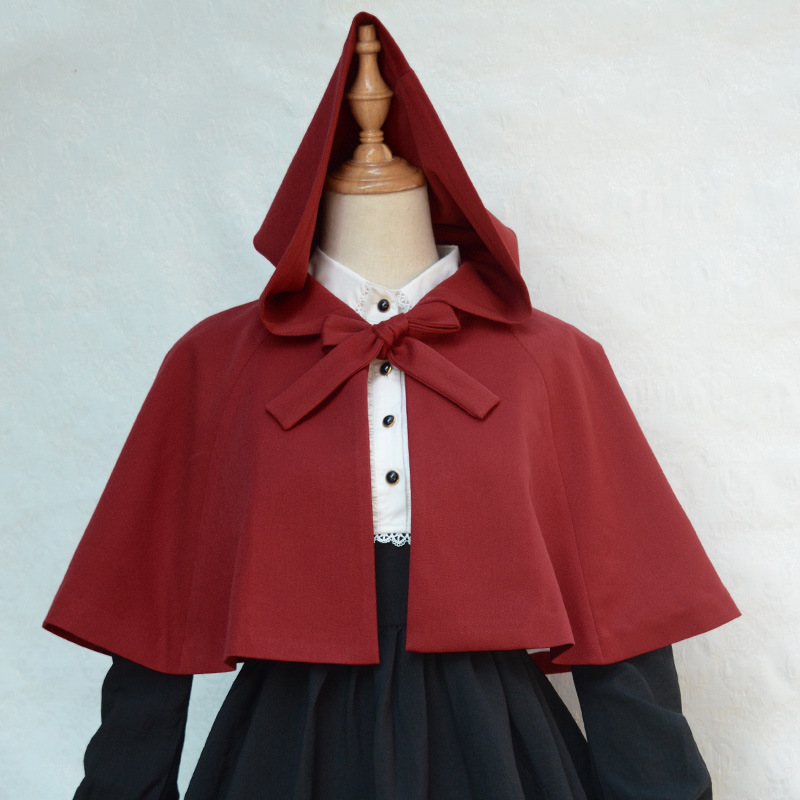 Japanese Inspired Style Vintage Princess Lovely Lolita Short Cloak Hooded Poncho Coat Sweet Ties Front Outwear Mini Jacket Cape Black Red