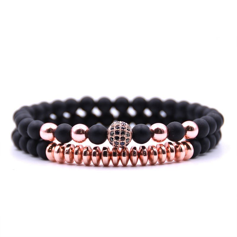Two 6MM matte black agate micro-inlaid zircon bracelet for men and women couples from Reiki Healing Bracelet Gifts