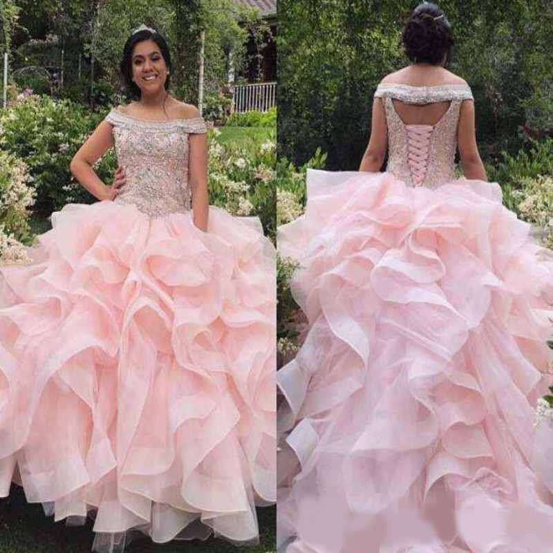 Pink Ruffles Quinceanera Dresses Luxury Beaded Off the Shoulder Custom Made Sweet 16 Birthday Party Pageant Ball Gown Formal Evening Wear