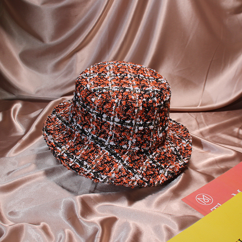 Autumn Winter Women Tweed Hats Bucket Hat Caps Chic Plaid 5 Colors Fisherman Panama Knitted Bucket Hat T200116