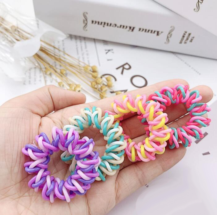 Women Girls Colorful Rainbow Spiral Hair Ties Rope Telephone Wire Plastic No Crease Coil Thickened Scrunchies Free Shipping