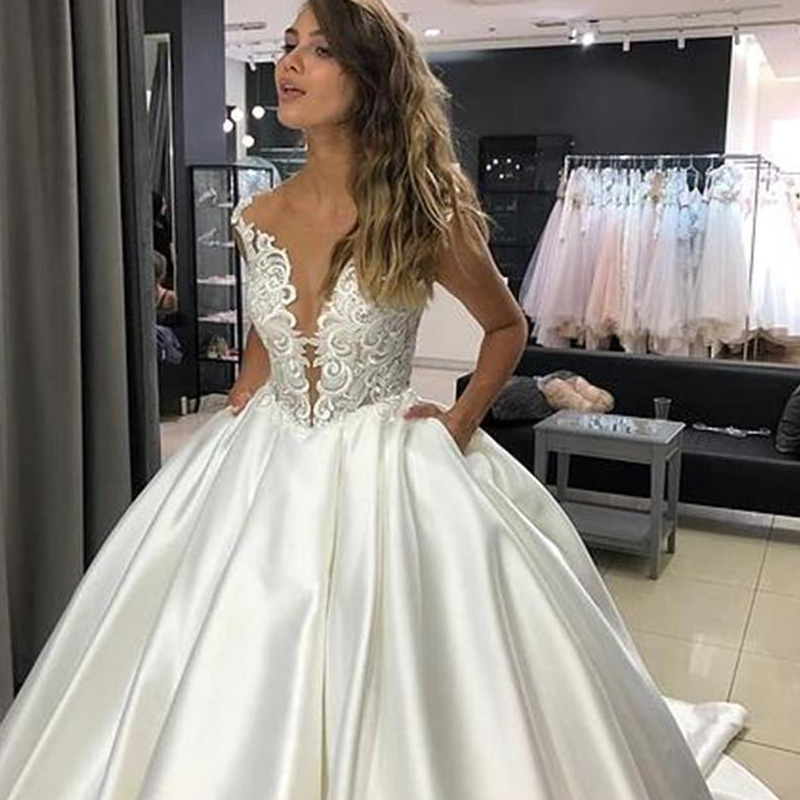Vintage Satin Wedding Dresses 2020 robe de mariee V Neck Off The Shoulder Wedding Gowns Custom Made A Line Bridal Dress