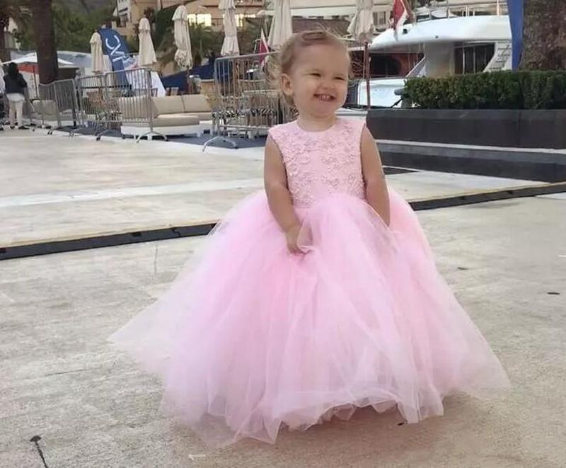 Cute Pink Tull Ball Gown Toddler Flower Girls Dresses For Wedding First Communion Dresses Lace Floor Length Pageant Birthday Party Gowns