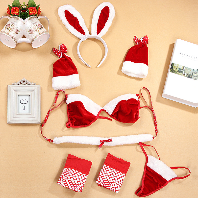 Christmas 6pcs Sexy Bunny Costume Lingerie Set Red Festive White Fuzzy Trim Bikini Swimsuit with Net Stockings Ear Headband Neckband Gloves
