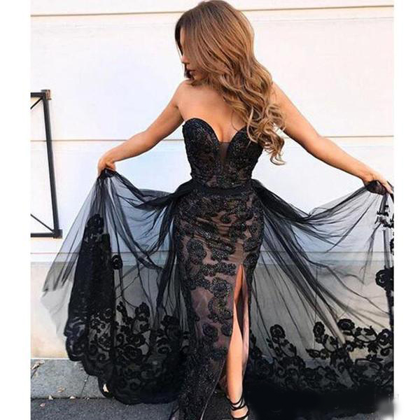 2020 Elegat Evening Dresses Mermaid Sweetheart Lace Applique Side Split Prom Dresses Sweep Train Backless Party Gowns