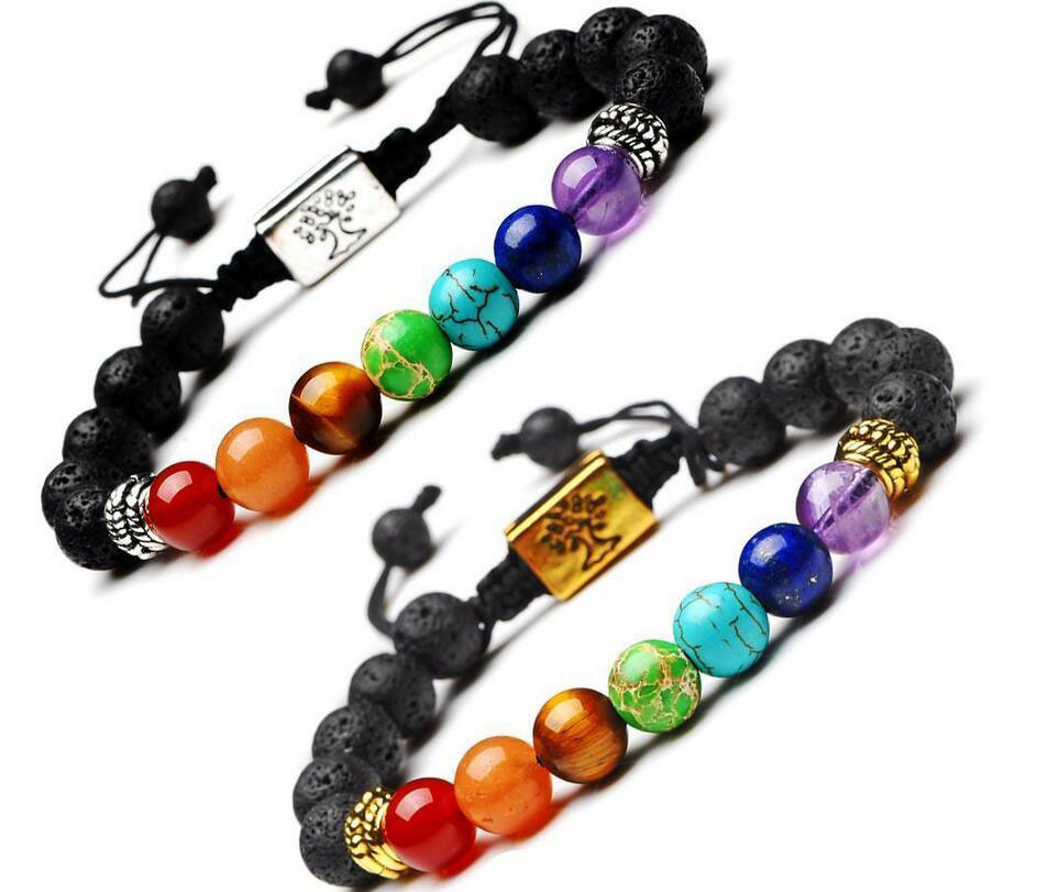 HOT Yoga Handmade 7 Chakra Tree Of Life Charm Bracelets Lava Stones Multicolor Beads Rope Bracelet Women Men Bracelets Bangles
