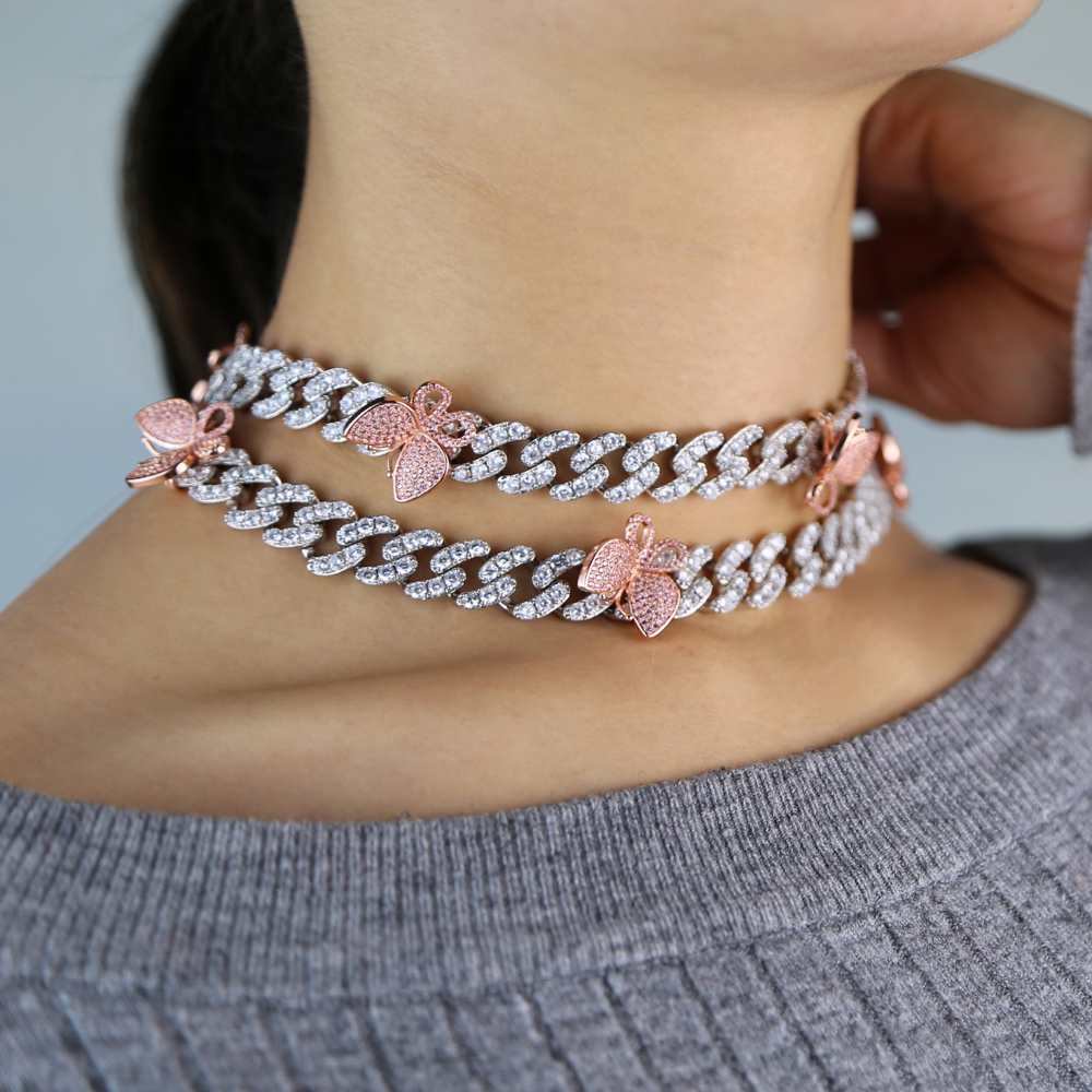2024 iced out bling cz Miami cuban link chain PINK Butterfly charm choker necklace hip hop rock bling wide cool women jewelry