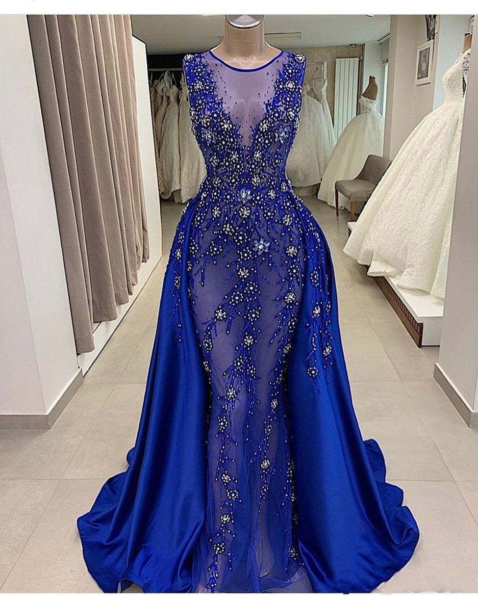 2020 Arabic Royal Blue Evening Dresses With Detachable Train Jewel Neck Beaded Appliqued Mermaid Prom Dress Pearls Formal Party Gowns