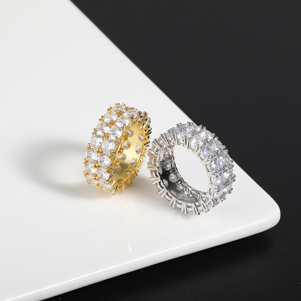 Hip Hop Shiny Double Layers White Zirconia Bling Ring 18K Real Gold Plated Women Men's Finger Ring Rap Ring