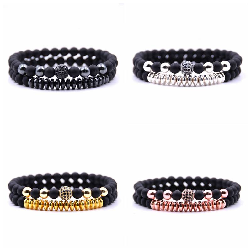 Two 6MM matte black agate micro-inlaid zircon bracelet for men and women couples from Reiki Healing Bracelet Gifts
