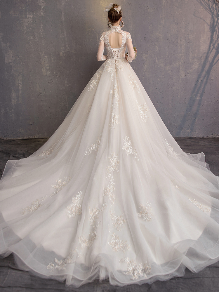 Modest YL Ball Gown High Neck Long Sleeve Hollow Wedding Dresses Lace Applique Pearls Wedding Gowns Sweep Train Bridal Gowns