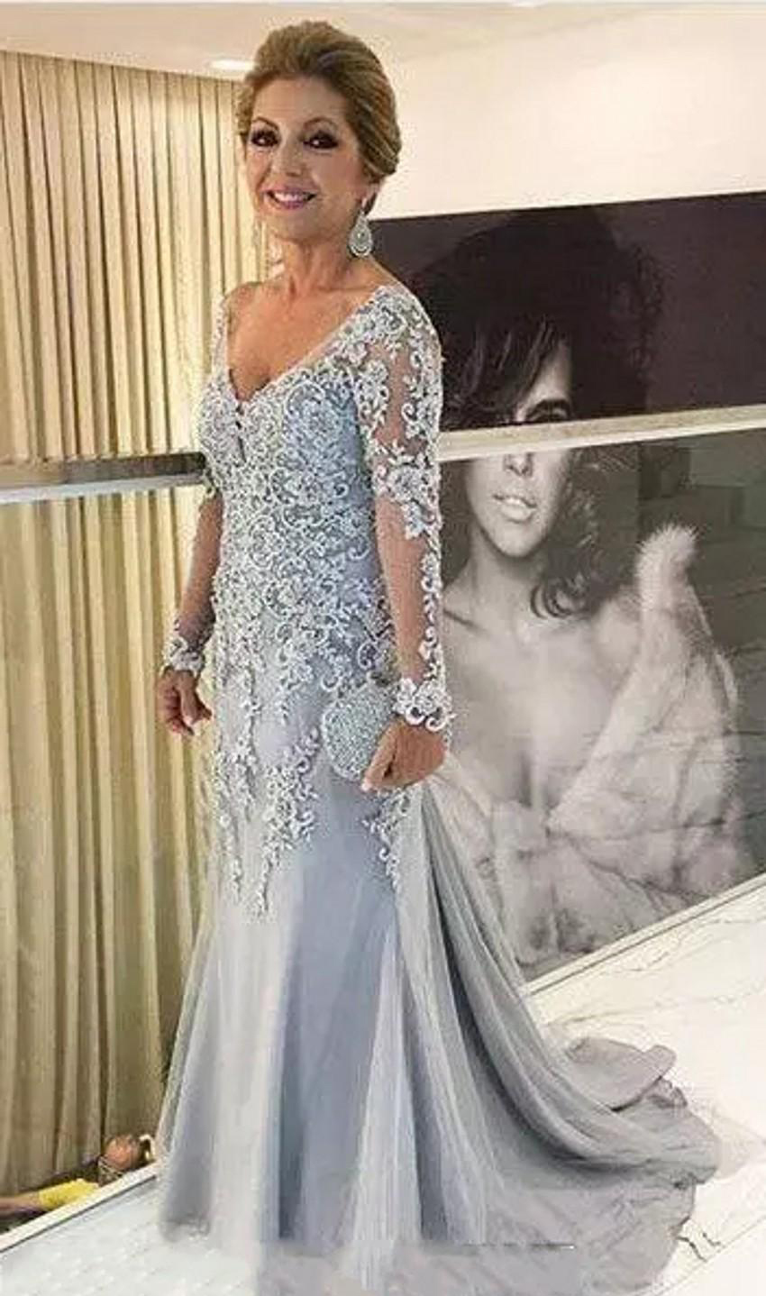 Elegant Long Sleeves Mother of the Bride Dresses 2019 V Neck Formal Groom Godmother Evening Wedding Party Guests Gown Plus Size Custom Made