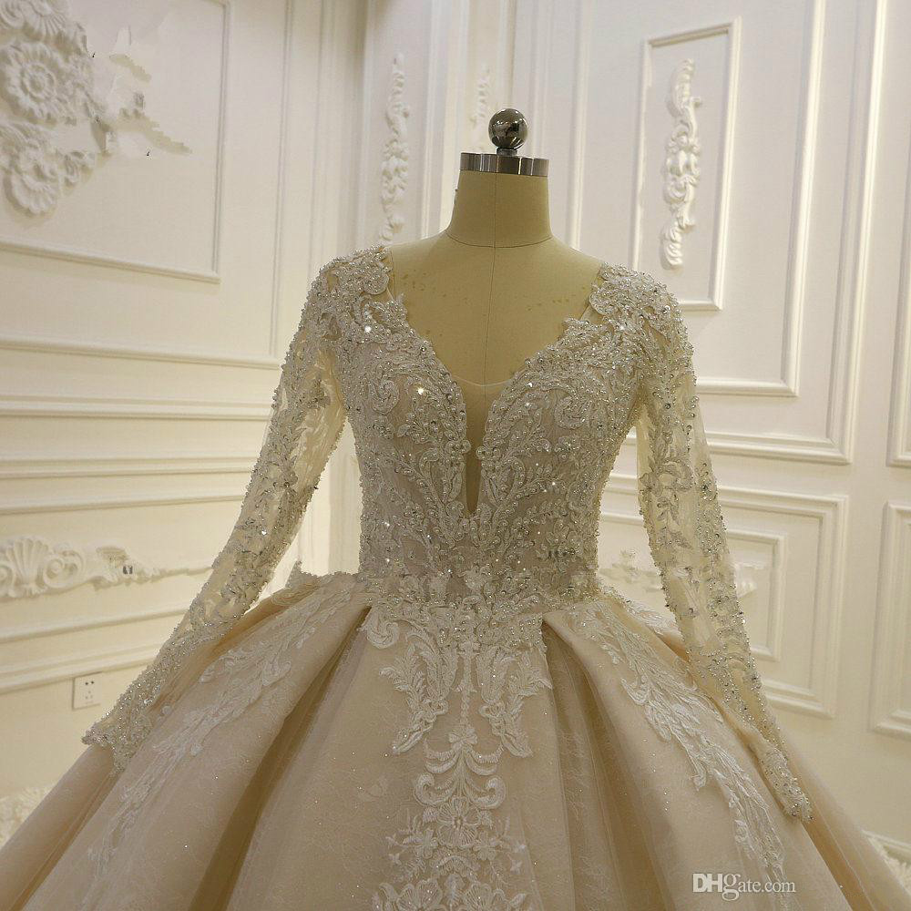 Elegant Ball Gown Wedding Dresses Crystal Pearl Beaded V Neck Long Sleeve Sweep Train Bridal Gowns Custom Made Wedding Gown Vestido De Novia