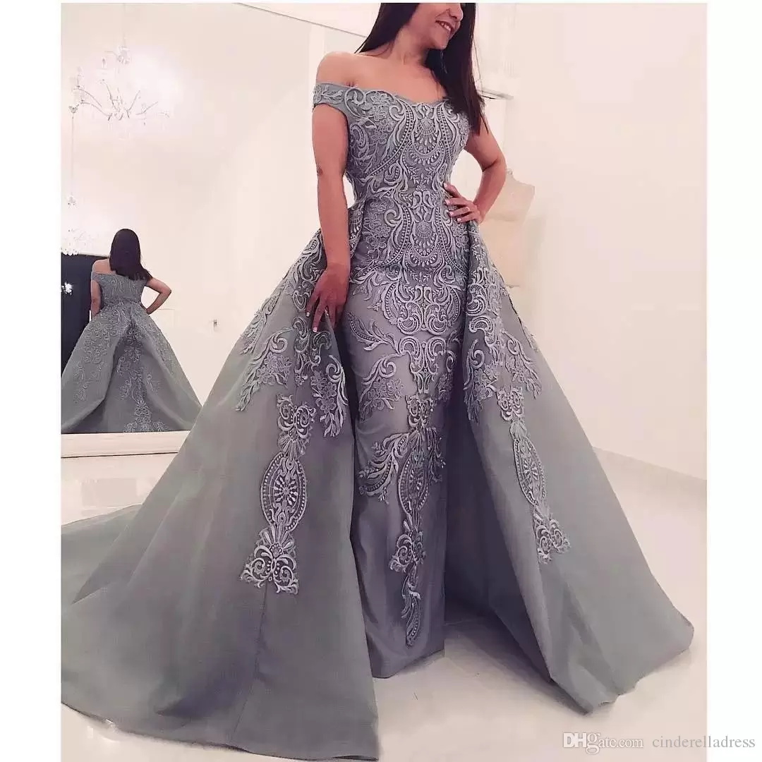 2019 Modest Grey Mermaid Evening Dresses with Detachable Train Off Shoulder Lace Applique Arabic Prom Dress Pageant Formal Party Gowns