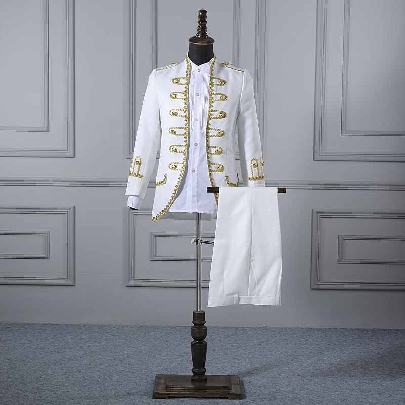 Men Court Clothing European Retro man Wedding Costume Male Host Bar Clothes Jacket + Pants groom formal Uniform black white Red Blue