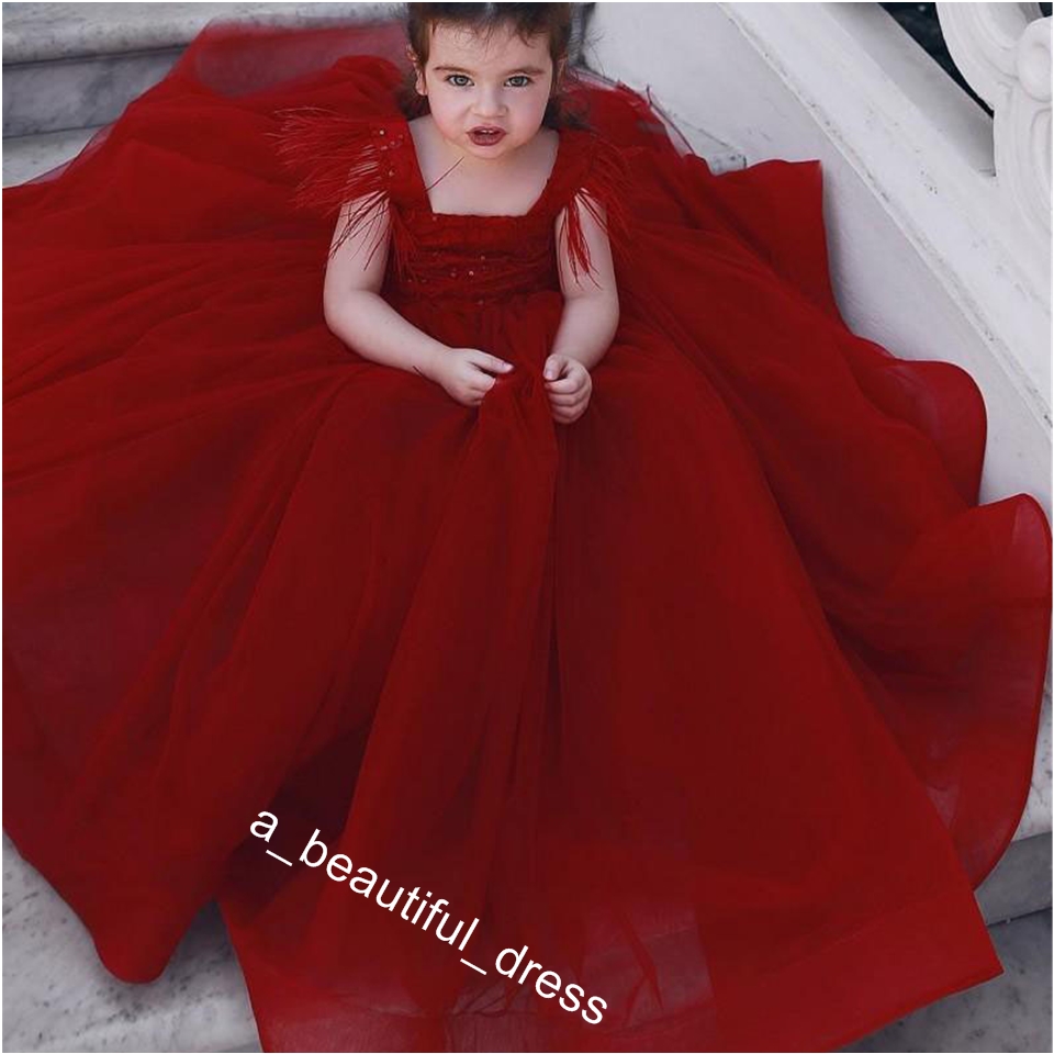 Red Feather Toddler Girls Pageant Dresses Sequined Square Neck Ball Gown Flower Girl Dress Floor Length Tulle Princess Kid Prom Gowns FG1288