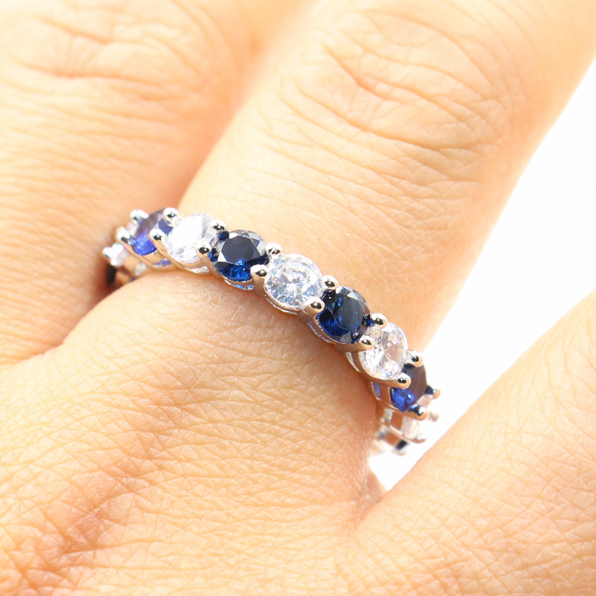 Wholesale Lots Of Stock Sparkling Fashion Jewelry Real 925 Sterling Silver Blue Sapphire CZ Diamond Stack Wedding Band Ring For Women
