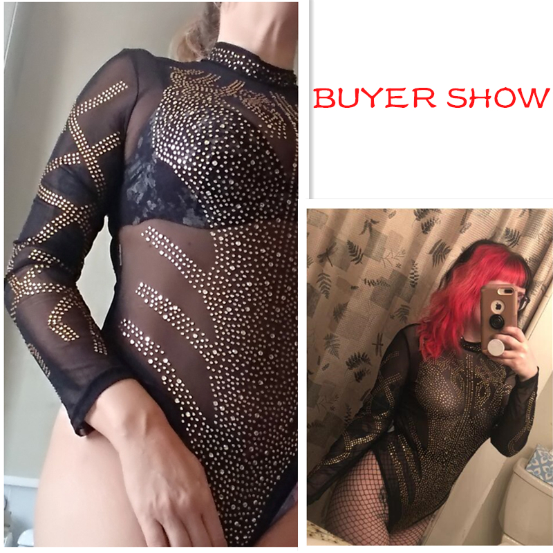 LIVA GIRL Black Sexy Mesh Rhinestone Bodysuit Women Plus Size Romper Playsuit Bodycon Jumpsuit Female Long Sleeve Body Tops XXL