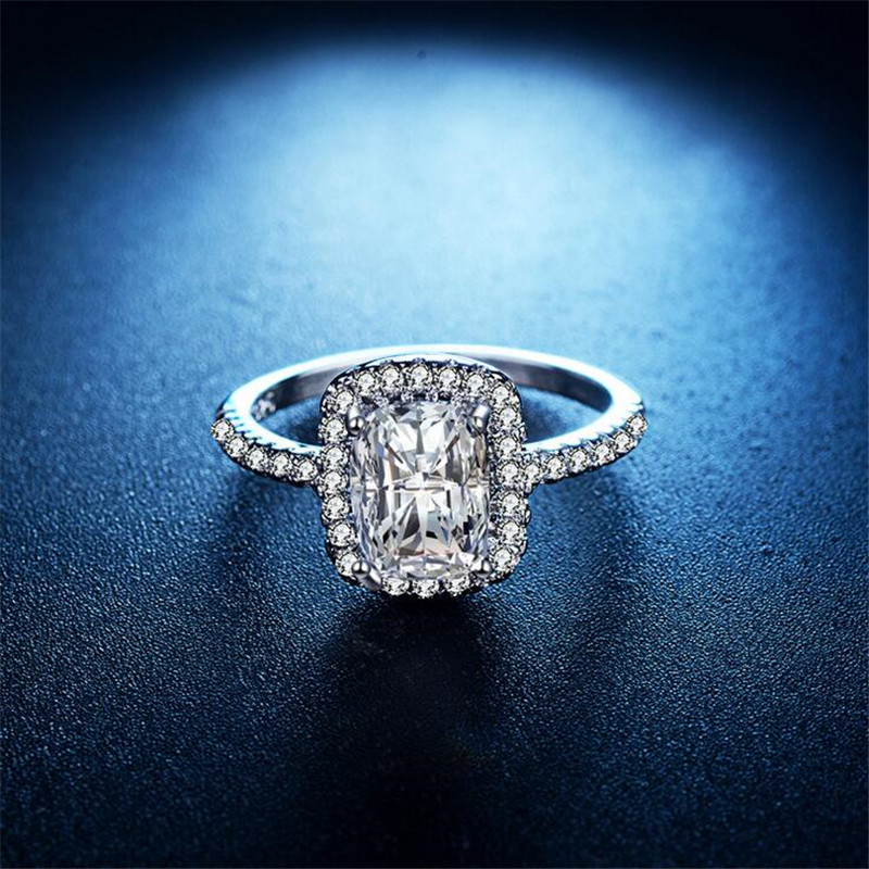 Sparkling Hot Sell Luxury Jewelry 925 Sterling Silver Cushion Shape White Topaz CZ Diamond Party Women Wedding Engagement Band Ring Gift