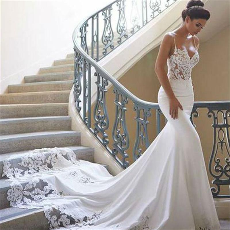 Spaghetti Mermaid Wedding Dresses Sleeveless Satin Lace Appliqued Sweep Train Beach Wedding Dress robe de mariée Cheap Bridal Gowns, Ivory
Spaghetti Mermaid Wedding Dresses Sleeveless Satin Lace Appliqued Sweep Train Beach Wedding Dress robe de mariée Cheap Bridal Gowns, Ivory