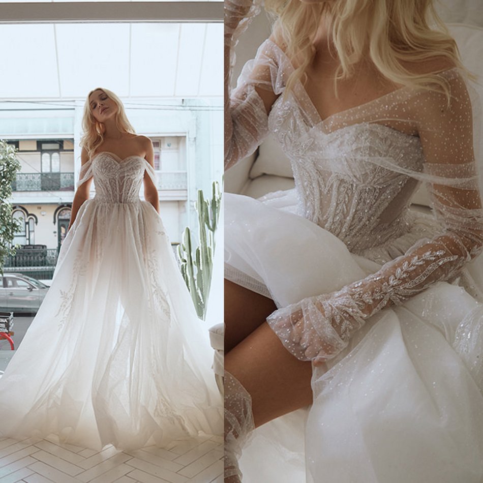 Pallas Couture 2020 Wedding Dress Detachable Long Sleeve Off The Shoulder Lace Beads Vestido De Noiva Boho Wedding Dresses Bridal Gowns