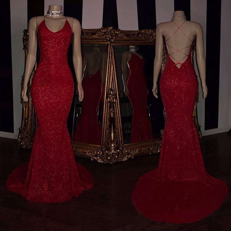 Red Sparkling Sequins Prom Dresses Mermaid Halter Backless Sweep Train Formal Party Dresses Evening Gowns Custom Size