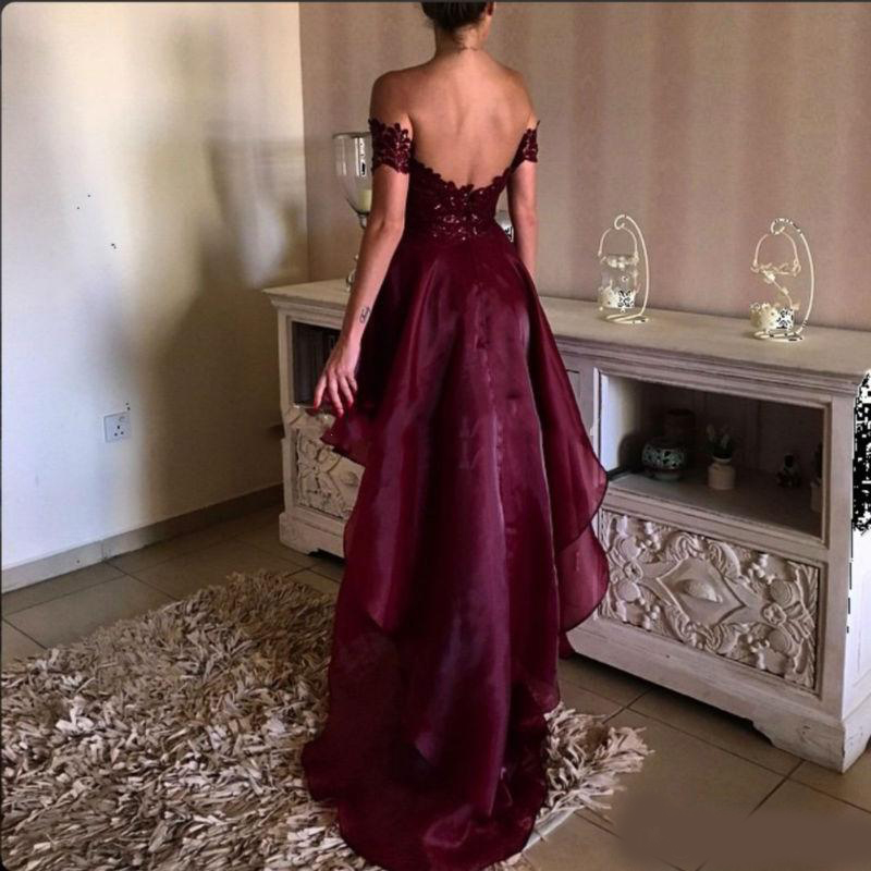 2020 Burgundy Prom dresses Off the Shoulder Appliqued Lace Wine Red High Low Graduation Backless Party Gowns Cheap