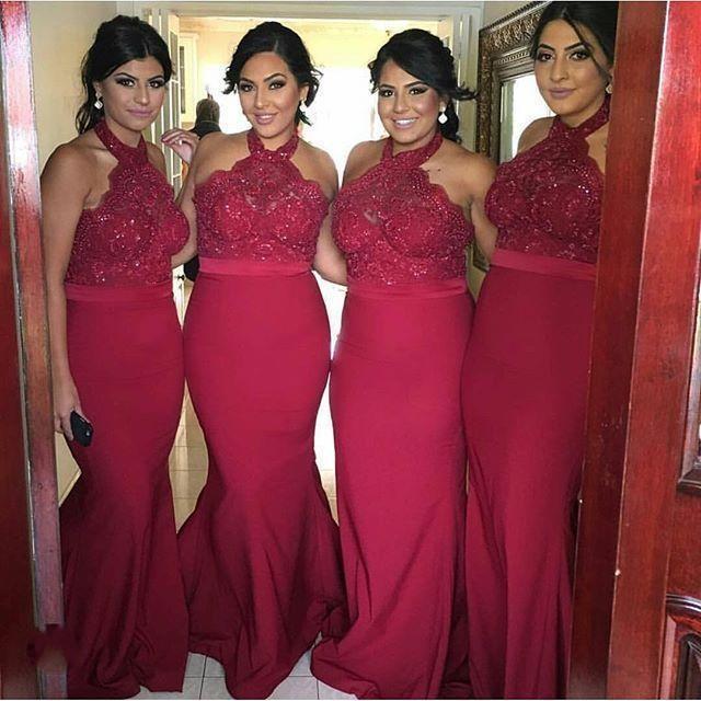 Mermaid Red Halter Bridesmaid Dresses Plus Size Beaded Lace Applique Ribbon Floor Length Maid Of Honor Gown Country Wedding Guest Wear