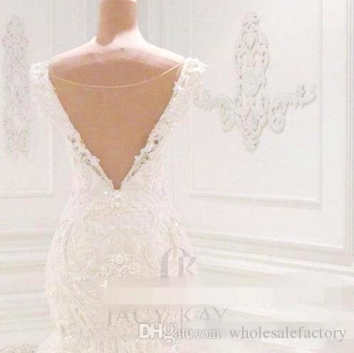 2020 Mermaid Lace Wedding Dresses Scoop Neck Full Lace Appliqued Crystal Long Cathedral Train Wedding Bridal Gowns