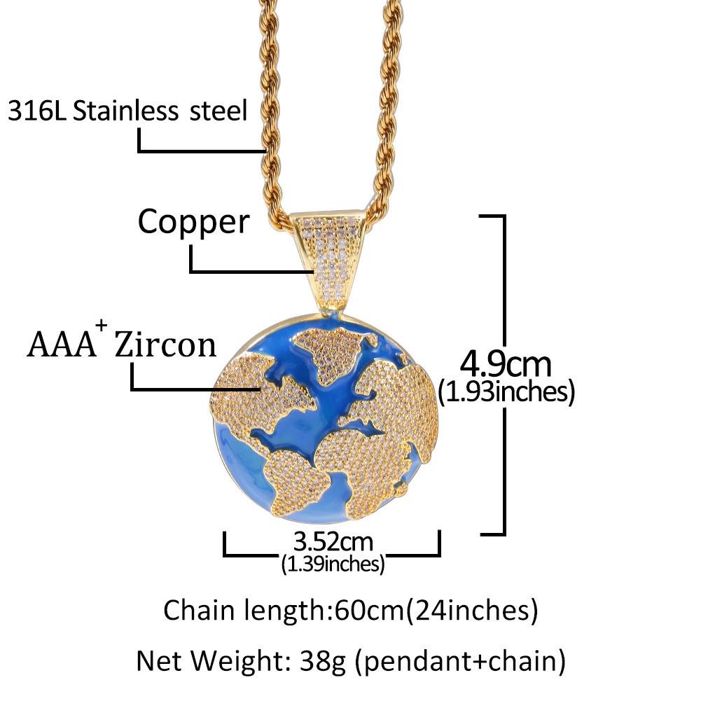New White Gold Plated Bling Cubic Zirconia Enamel Blue Earth Pendant Mens Womens Necklace Bijoux Hip Hop Rapper Jewelry Gifts for Lovers