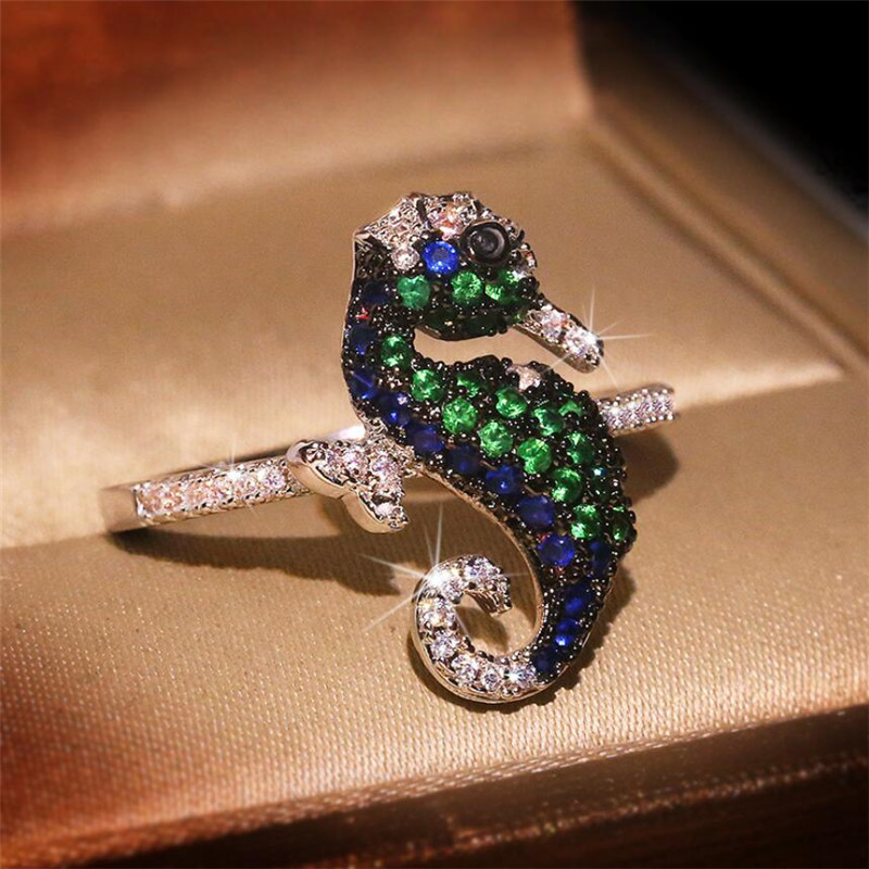 2020 New Vintage Jewelry Women' s Fashion jewelry 925 Sterling Silver Colorful Hippocampus Pave Sapphire CZ Diamond Women Wedding Band Ring