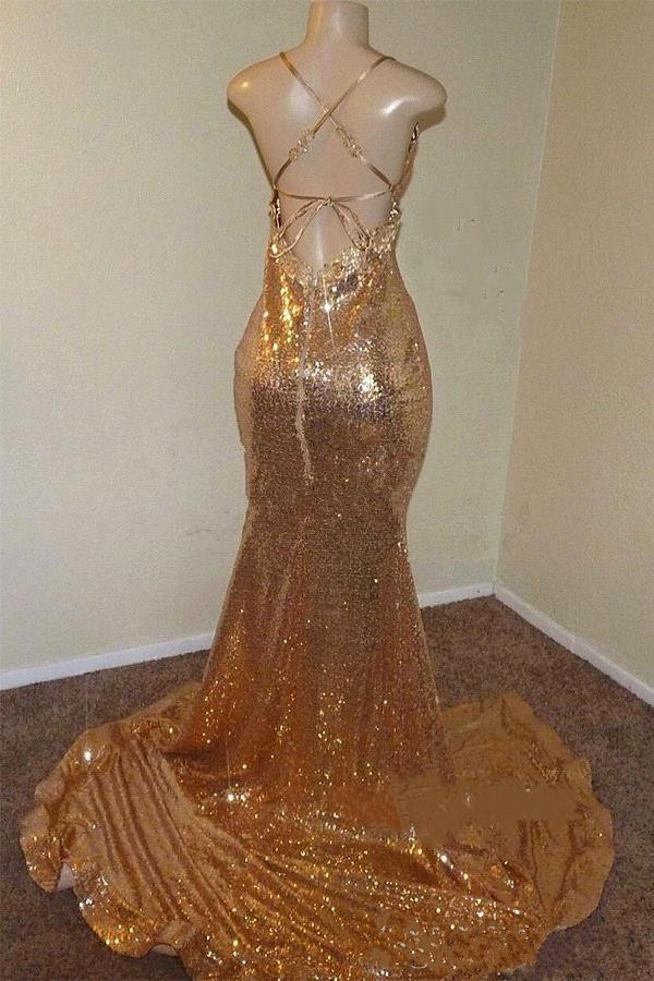 Gold Sequin Mermaid Prom Party Dresses New Sexy Criss Cross Backless Spaghetti Straps Front Split Long Evening Gowns Reflective