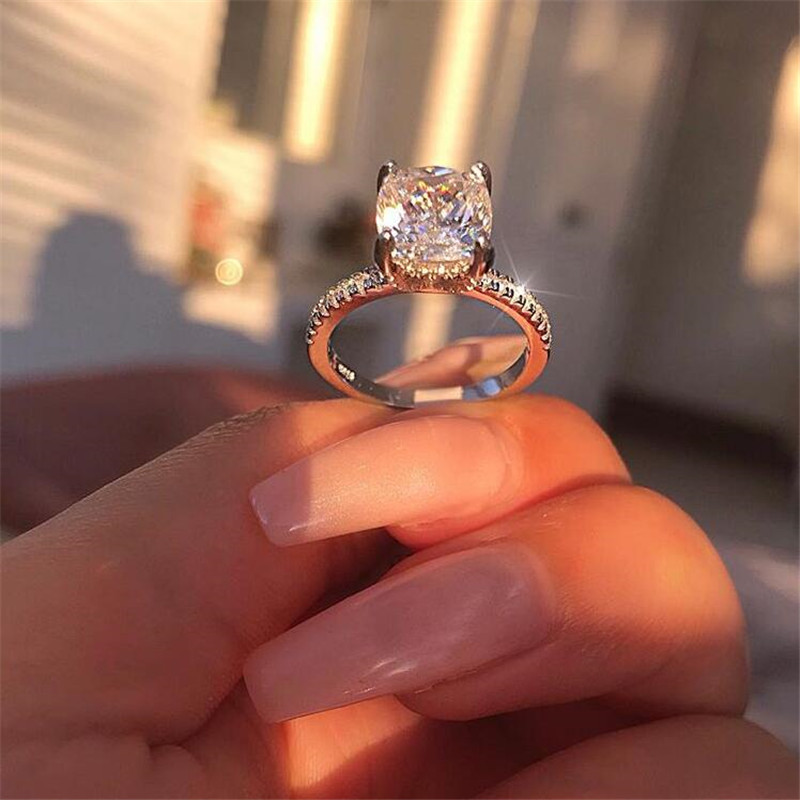 Victoria Ins Sparkg Jewelry Real Sterg Sier Cushion Shape White Topaz CZ Dia Gemstones Women Wedding Band Ring Gift