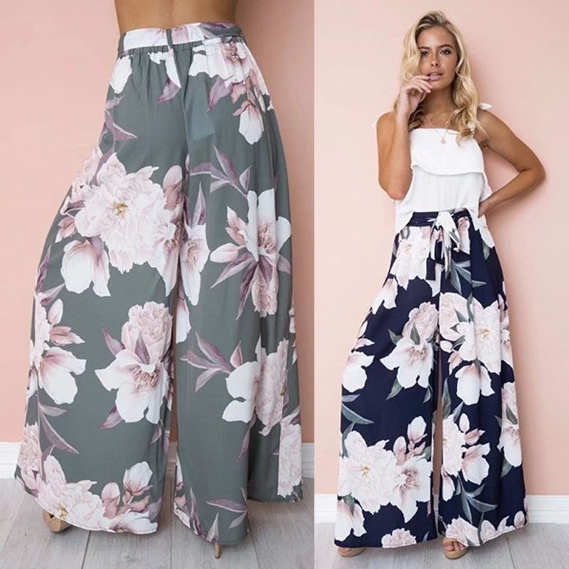 Womens Floral Palazzo Pants High Waist Wide Leg Culottes Ladies Loose Casual Long Trousers C19041603 Z260314