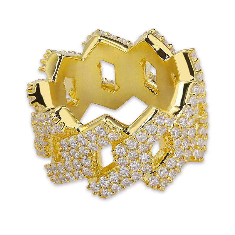 18K Gold and White Gold Plated Environmental Copper Hollowed Mens Full Diamond Iced Out Ring Band Hip Hop Jewelry Gifts for Man Wholesale