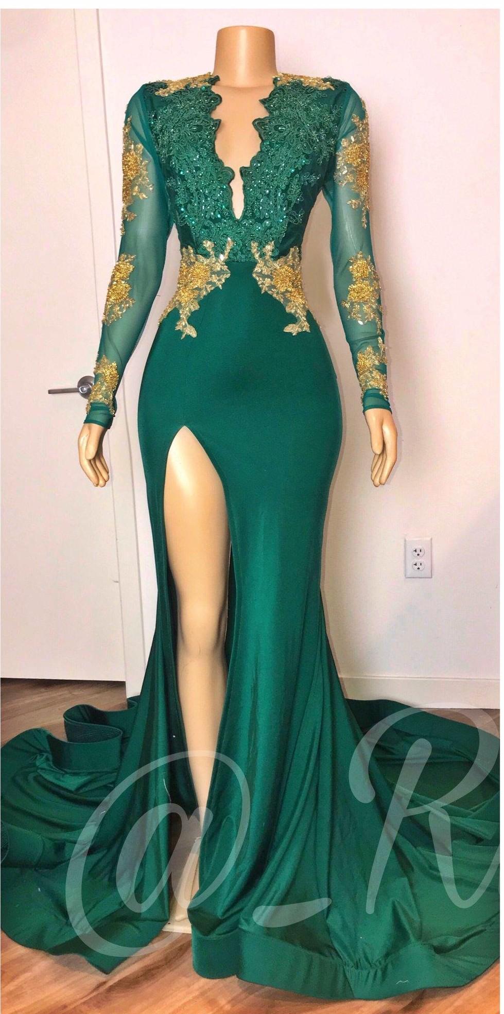 Sexy Backless Prom Dresses Mermaid Long Sleeves Hunter Green Gold Lace Beaded Deep V Neck Special Occasion Dresses Formal Evening Vestidos
